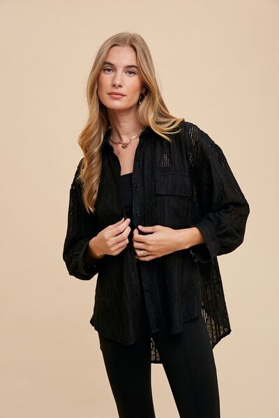 Annie Wear Openwork Button Down Drop Shoulder Shirt