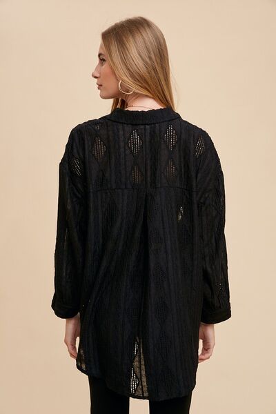 Annie Wear Openwork Button Down Drop Shoulder Shirt